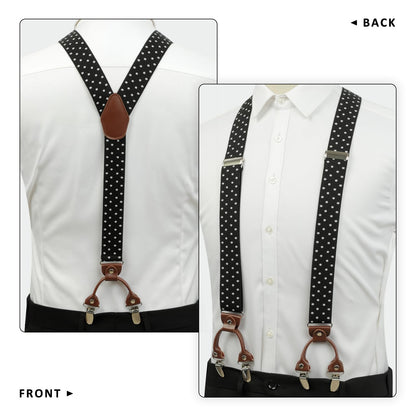 LEHOMU Suspenders for Men with leather 6 Heavy-Duty Clips, 1.4 Inches Wide Men's Suspenders Y-Back Adjustable Elastic Fit for Work or Casual Wear,Black and White Dots