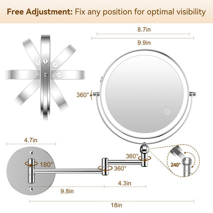 9" Wall Mounted Lighted Makeup Mirror,4000mAh Rechargeable Double Sided 1X/10X Magnifying Mirror with Light,Touch Dimmable,Extended Arm 360 Rotation Wall Mounted Makeup Mirror 3 Color Lights-Black