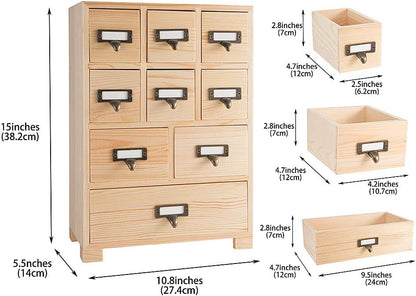 Apothecary Cabinet with 9 Drawers & Labels Rustic Library Card Catalog Cabinet Desktop Wooden Storage Box for Organize Herbal、Tea Bag、Jewelry (Wood)