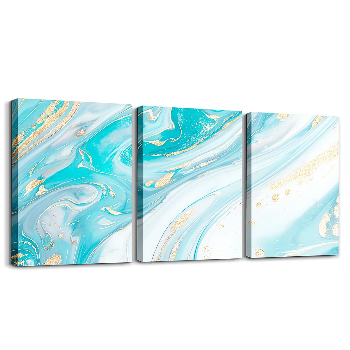 3 Piece Blue Marble Canvas Wall Art for Living Room Bedroom, Pastel Golden Blue Golden Paintings Wall Decor Modern Abstract Wall Art Luxury Decor Poster Prints Ombre Artwork Prints
