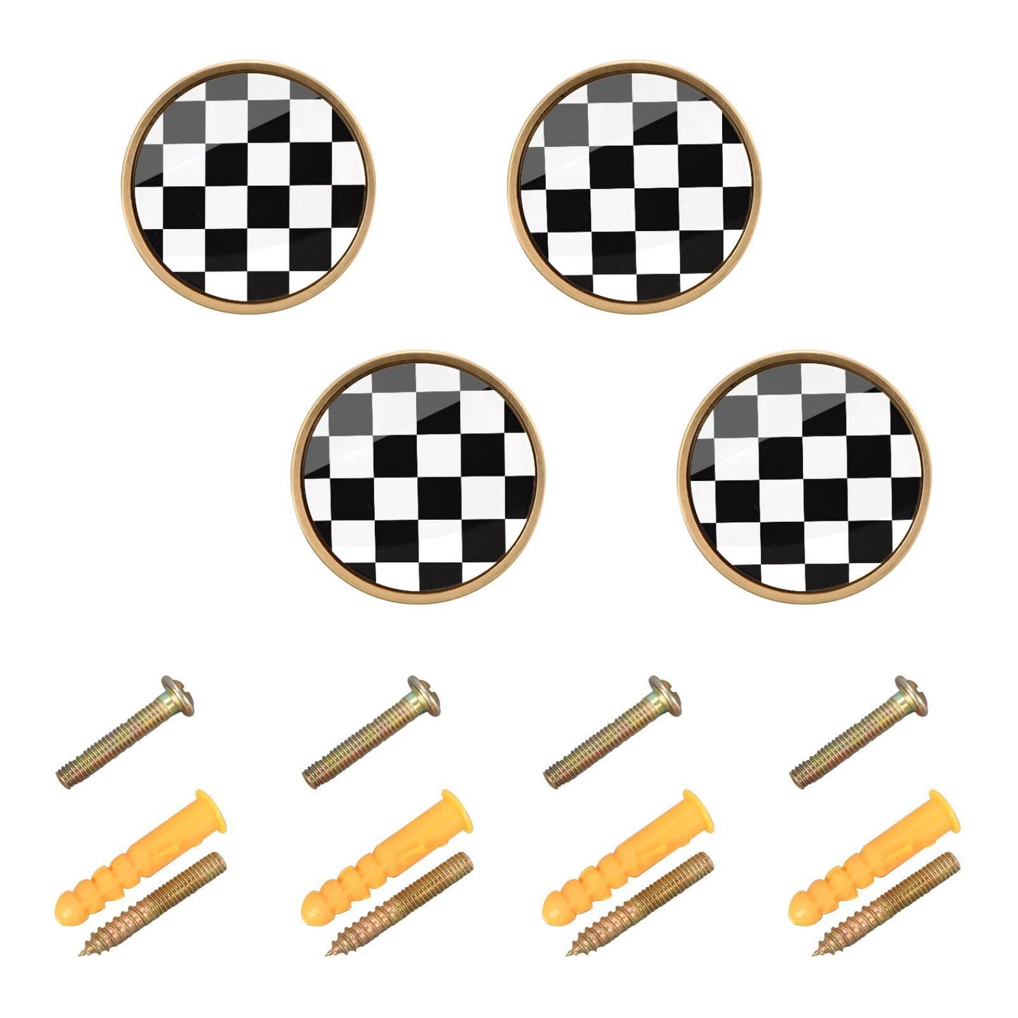 XDKDZIS Checkered Black White Grid 32mm Pull Handles for Cabinets Drawers 4 Pack Dresser Golden Metal Knobs