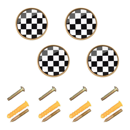 XDKDZIS Checkered Black White Grid 32mm Pull Handles for Cabinets Drawers 4 Pack Dresser Golden Metal Knobs