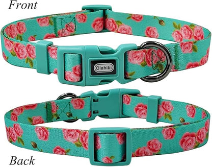 Dog Collar Leash Set, Floral Pattern, Polyester Material, Adjustable Collar and 5ft Matching Leash, for Puppy Dogs.(XS, Green Rose)