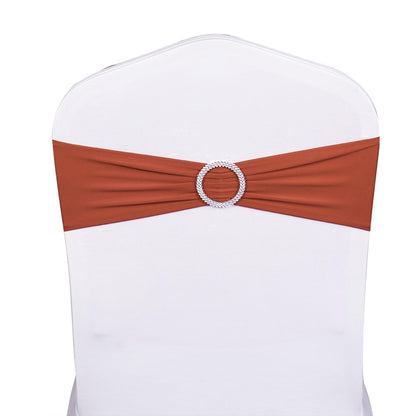 SINSSOWL Pack of 50 Spandex Terracotta Chair Sashes Bows Elastic Chair Bands with Buckles for Wedding Reception Banquet Bridal Shower Halloween Decorations - Terracotta/Brick Red