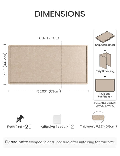Fluxynara Bulletin Board, 35" x 17.5" Cork Board Alternative with 12 Safe Removable Adhesive Tabs, Foldable Felt Pin Board for Home Office, Classroom, Bedroom,Entryway for Walls—Taupe