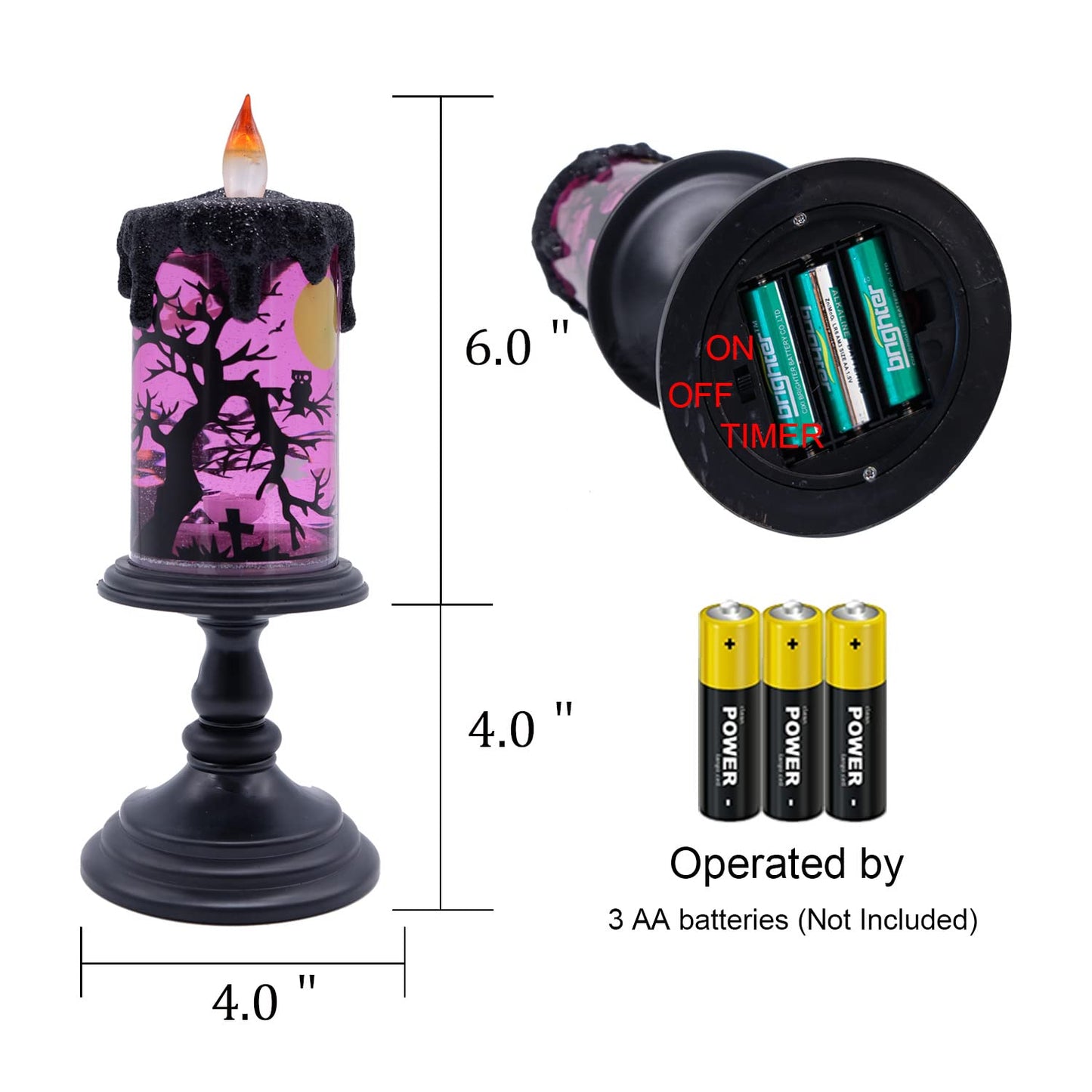 DRomance Halloween Flameless Candle Snow Globe Battery Operated with 6 Hour Timer, Purple Light Ghost Decal Water Tornado Lamp LED Candlestick Halloween Season Decor Gift 4 x 10 Inches