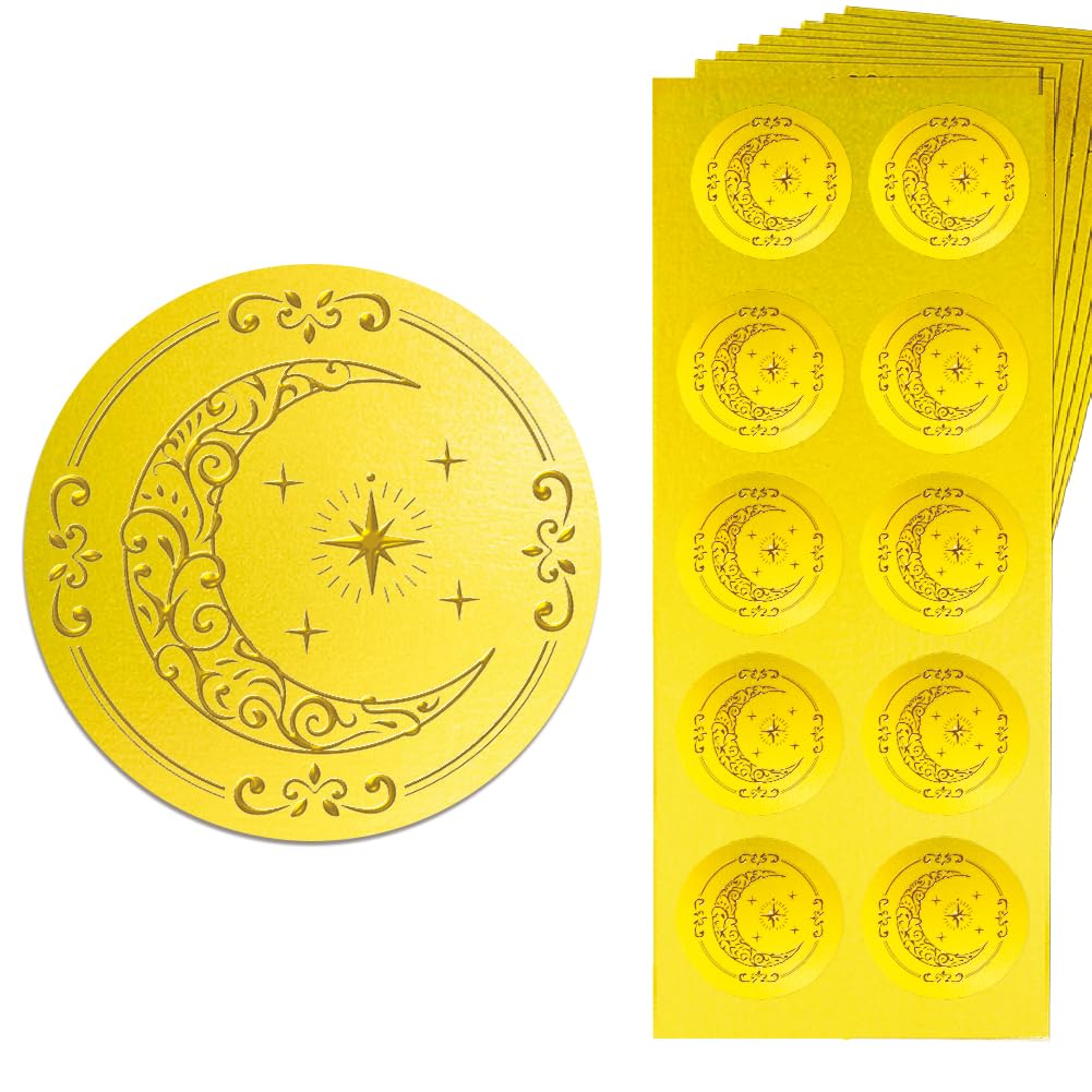 Peacoblue Gold Embossed Sticker Seal 1.4 Inch 150Pcs Moon and Star, Self Adhesive Golden Around Embossing Decals for Party Favors Invitation Envelope Seal Gift Card Certificate Decoration