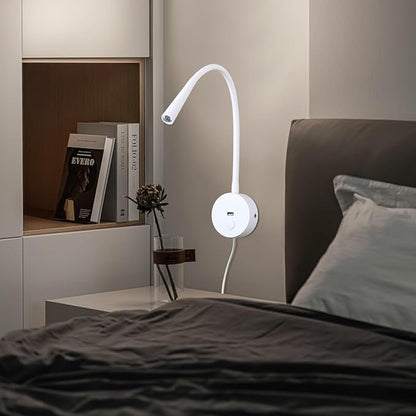 Wall Mounted Reading Lamp USB Charger Matt White LED 3W Warm White 3000K Plug for Reading (White USB Charger Dimmer 2pcs)