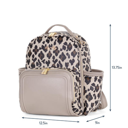 Itzy Ritzy Mini Diaper Bag Backpack – Chic, Compact Mini Plus Backpack with Changing Pad, 10 Pockets (6 Internal, 4 External), Grab-Top Handle & Rubber Feet (Leopard)