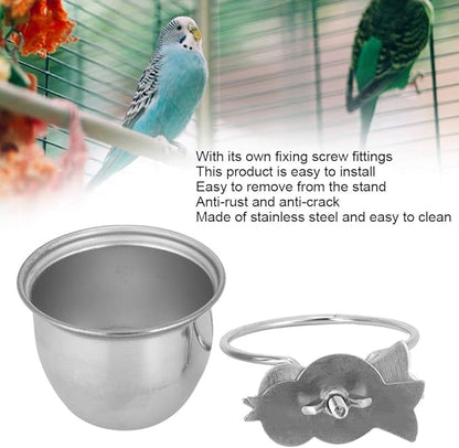 SYH&AQYE Stainless Steel Bird Food Water Coop Cup, Bird Feeding Dish Feeder with Clamp Holder for Macaw African Greys Budgies (8.5cm)