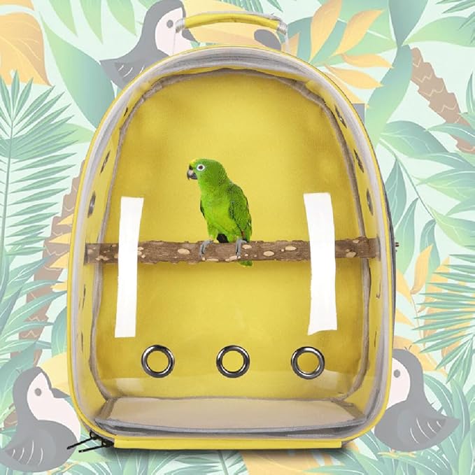 Surakey Bird Carrier Cage, Parrot Travel Backpack with Wooden Perch Standing Carrier Shoulders Bag for Pet Birds Outing Travel (Yellow)
