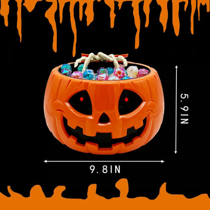 Animated Halloween Skull pumpkin Bowl trick or treat bucket talking large funny scary candy Bowl dispenser for porch hand grabber Candy treat plastic Dish with hand Creepy Moving supplies tray