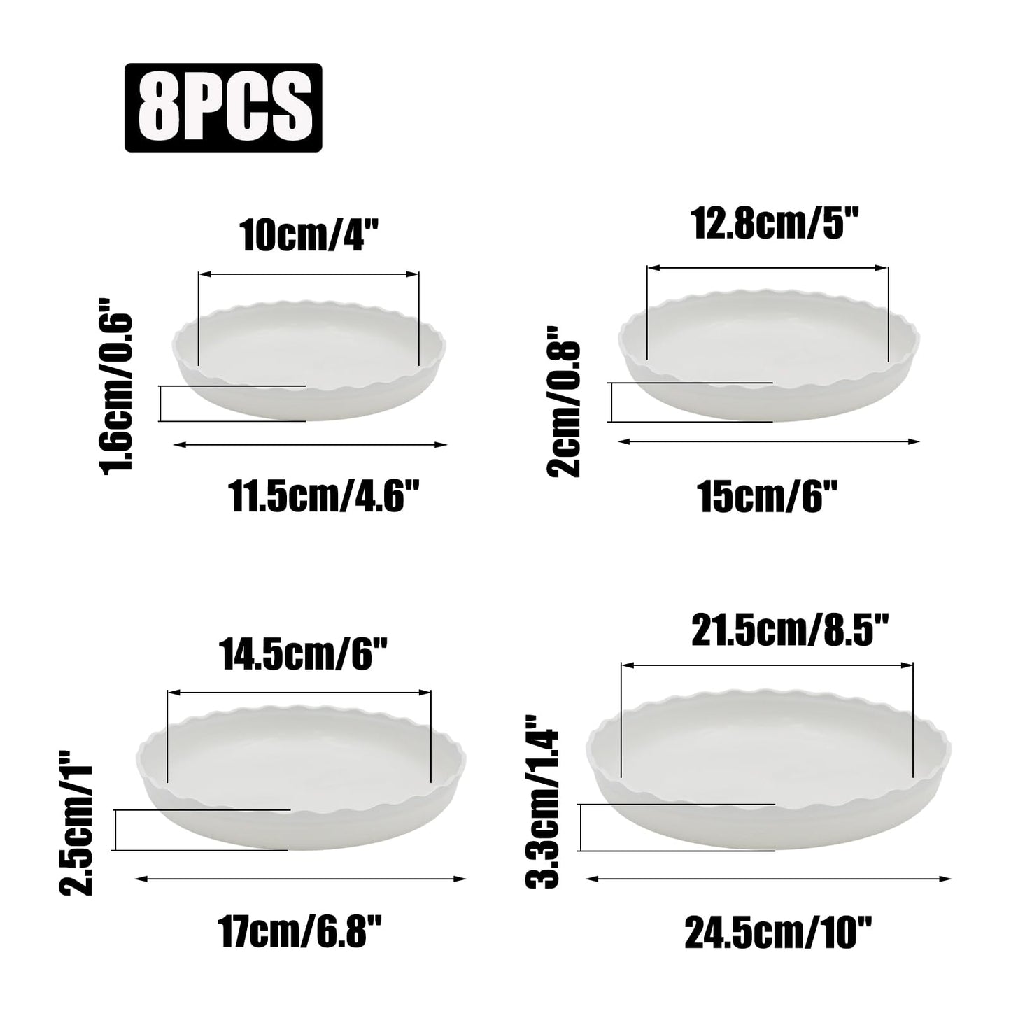 JAKOUE 4 Size Wave Shaped Round Plant Saucer,6 Pack Pant Pot Trays, Plant Saucers for Indoors and Outdoors, Seed Starting Tray, Growing Trays,White（4",5",6",8"）