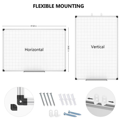 XBoard Magnetic Dry Erase Board with Lines 48 x 36 Inch, 4' x 3' Double Sided Hanging White Board Planner for Wall | Grid Lined White Board + Message Presentation Board