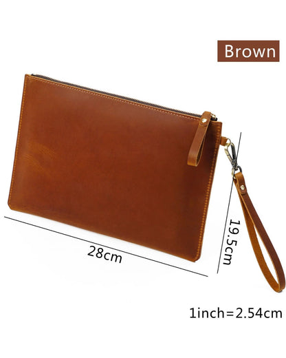 Inkfew Genuine Leather Wristlet for Women and Men, Leather Clutch Business Briefcase Tablet Sleeve Bag with Zip Closure