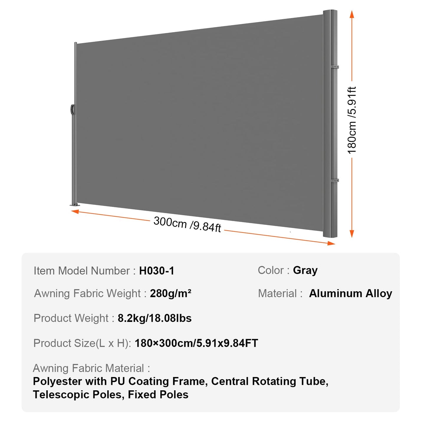 VEVOR Retractable Side Awning, UV 50 71''x118'' Full Aluminum Rust-Proof Outdoor Privacy Screen, 280 g Thicken Folding Room Divider Fence & Wind Screen for Backyard, Balcony, Roof Terraces, Grey