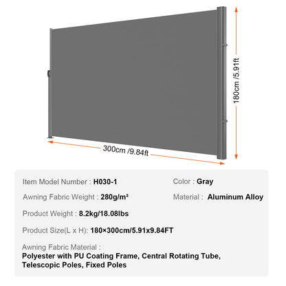 VEVOR Retractable Side Awning, UV 50 71''x118'' Full Aluminum Rust-Proof Outdoor Privacy Screen, 280 g Thicken Folding Room Divider Fence & Wind Screen for Backyard, Balcony, Roof Terraces, Grey