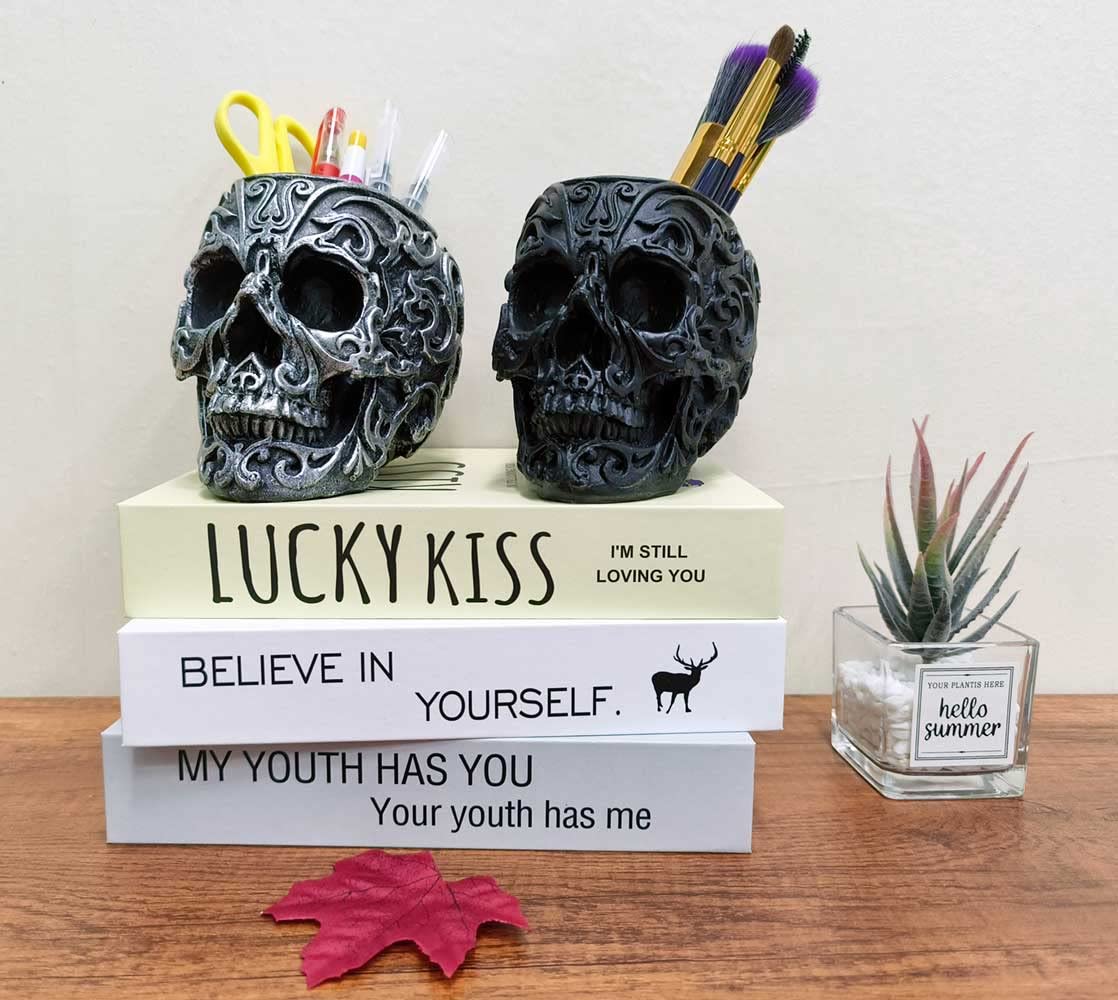 CUZOKOLA Goth Accessories Black Skull Decor for Pen Holder with Strong Resin,Skull Makeup Brush Holder for Vanity Decor,Office Organizer,Skull Planter