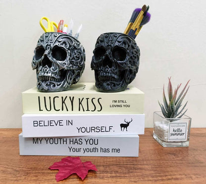 CUZOKOLA Goth Accessories Black Skull Decor for Pen Holder with Strong Resin,Skull Makeup Brush Holder for Vanity Decor,Office Organizer,Skull Planter