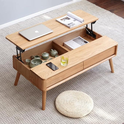 100% Solid Wood Lift Top Coffee Table for Living Room, Mid Century Modern Tables with Drawers and Large Storage, Oak Coffee Tables for Small Spaces (Oak Wood Log, 47.24" W x 23.62" D x 25.59" H)