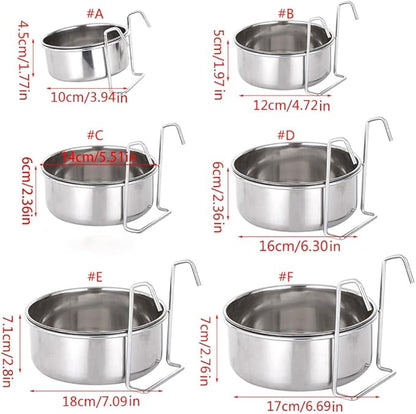Crate Dog Bowl Stainless Steel Hanging Pet Cage Bowl Food & Water Feeder Coop Cup for Cat Puppy Birds Rats 6 Sizes
