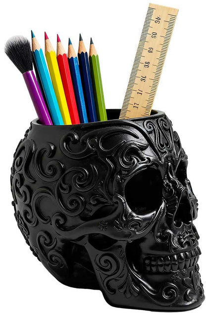 CUZOKOLA Goth Accessories Black Skull Decor for Pen Holder with Strong Resin,Skull Makeup Brush Holder for Vanity Decor,Office Organizer,Skull Planter