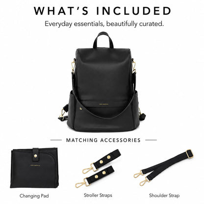 MIA + SOPHIA Leather Diaper Bag Backpack with USB Charging port, Changing Pad, Stroller Straps (Black Mia)
