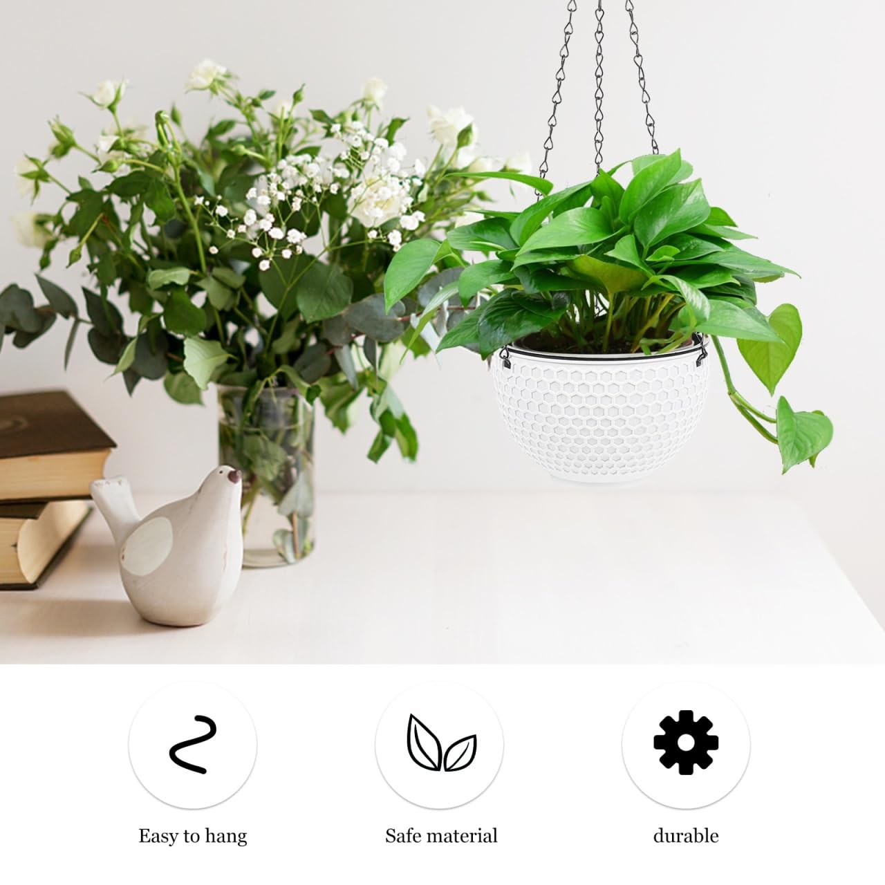 Hemoton 6.5 Inch Hanging Planter with Honeycomb Rattan Design Plastic Flower Pot for Indoor Outdoor Garden Balcony with Drainage Hole