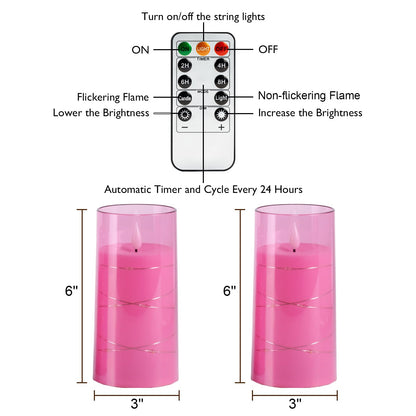 Homemory Flameless Pink Candles with Embedded Star String Fairy Lights, Battery Operated Candles, LED Candle, Fake Candles with Remote Control and Timer, Set of 2(H 6" 6")
