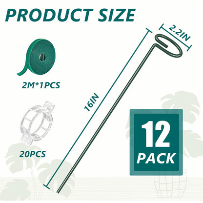 MAFONE 12 Pack 16inch Plant Support Stakes, Plant Stick Garden Single Stem Flower Support Stake Plant Cage Support Rings with 20pcs Plant Clips and Plant Ties for Tomato Orchid Lily Peony Rose Bean