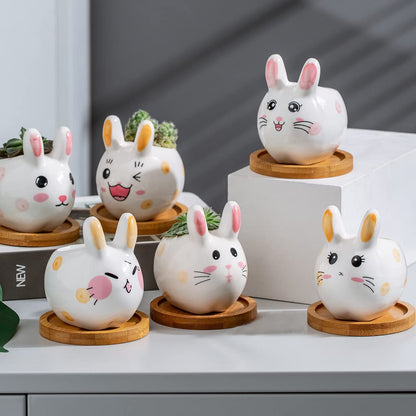 3.6 inch Mini Pots for Small Succulant Plant Ceramic Animal Succulent Planter with Drainage and Bamboo Tray for Easter Bunny Rabbit Gift Lovers (Cute Bunnies)