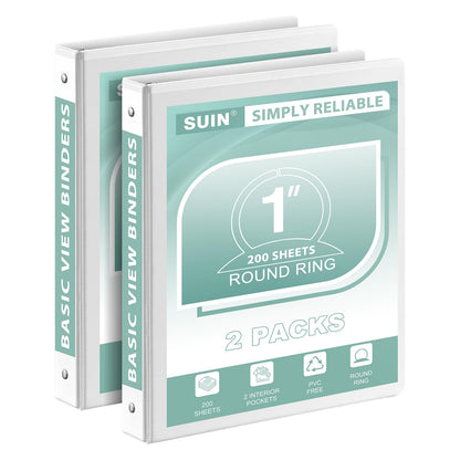 SUIN 1-Inch 3-Ring-Binder, Customizable Clear View Cover, for US Letter Size 8-1/2 x 11'', Perfect for Office/School (White - 2 Packs)