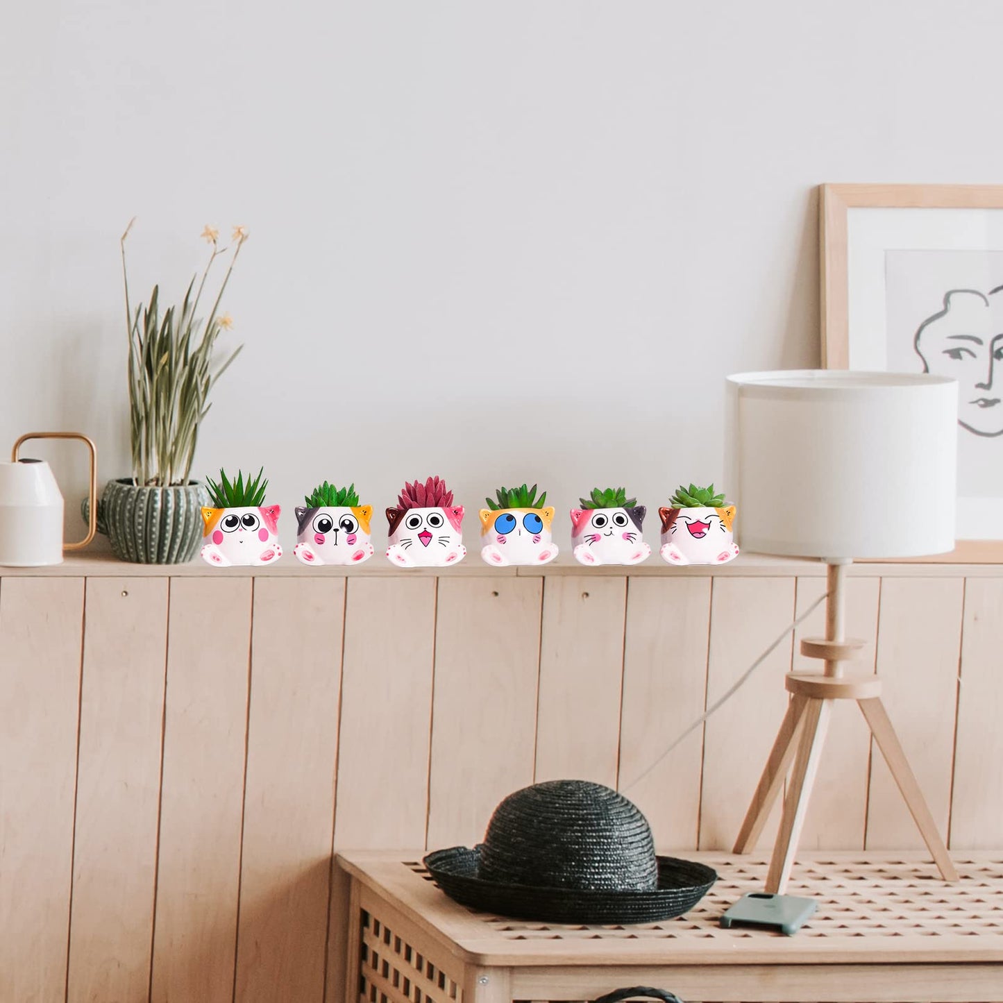 YINUOWEI Cute Succulent Pots with Drainage Cat Planters for Indoor Plants 3.4 Inch Tiny Animal Planters Mini Cat Pots Small Ceramic Flower Pot Cartoon Cactus Plant Pots Set of 6
