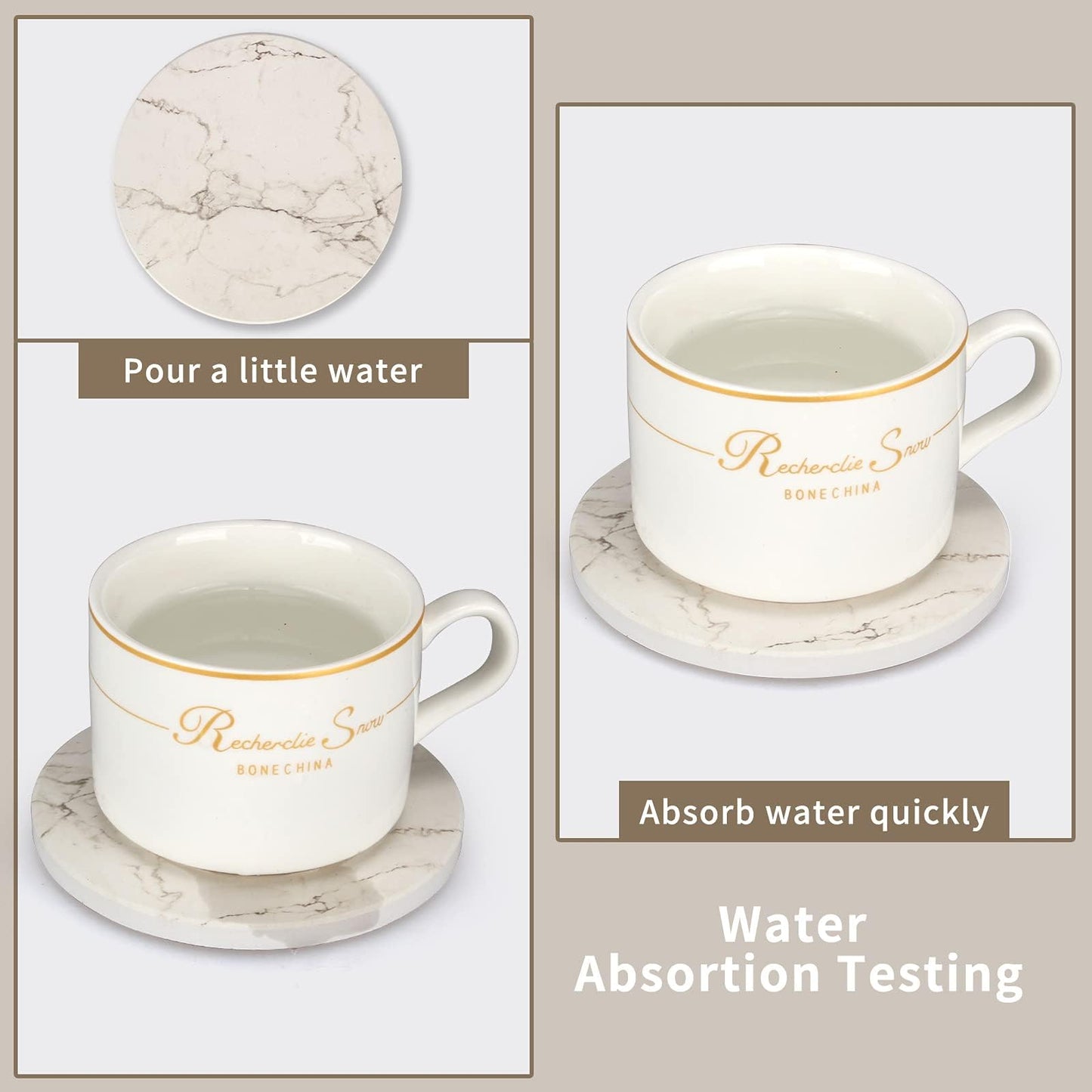 6 Pack White Marble Coaster Set with Holder Absorbent Drink Coasters Ceramic Cute Coaster Bar Dining Coffee Table Accessories Decor Gift Funny Cup Stone Modern Costers Cool Desk Beer Cork Coasters