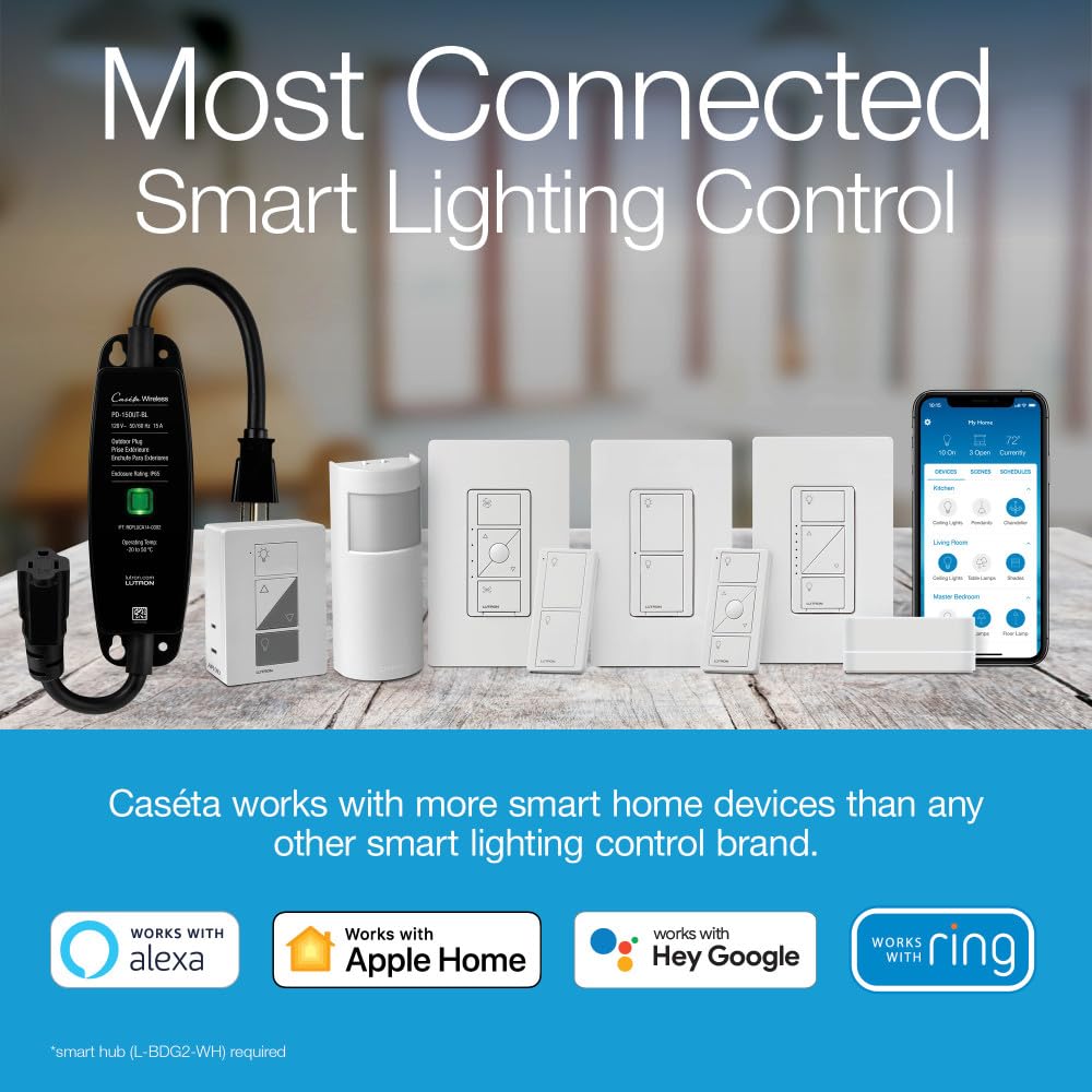 Lutron Caseta Plug-In Smart Lamp Dimmer Switch (Lutron Hub Required), Smart Light Switch Dimmer for Floor & Table Lamps, LED Lights, White (PD-3PCL-WH)