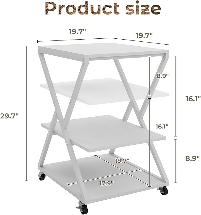 Natwind 3 Tier Printer Stand, 19.7''x19.7'' Large Printer Table with Height Adjustable Shelf, Rolling Printer Cart with Wheels,Multifunctional Organizer Shelf for Home Office Kitchen（White）