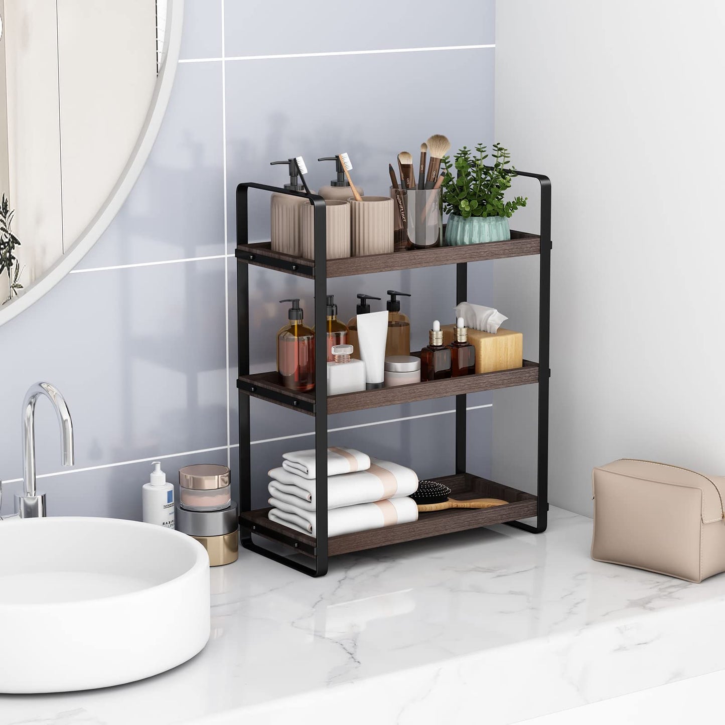 HNRLOY Bathroom Counter Organizer,Bathroom Countertop Organizer,Counter Shelf,Countertop Storage,Organization and Storage,Makeup Shelf,Sink Caddy(Brown 3 Tier)