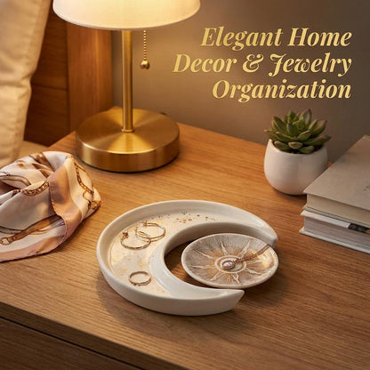 Ceramic Jewelry Dish Tray 2-Pack, Sun and Moon Ring Holder for Earrings, Key bowl, Unique Vanity Decor for Bedroom, Small Trinket Plate for Women Mom Daughter Bride Gifts,Engagement Birthday Gift