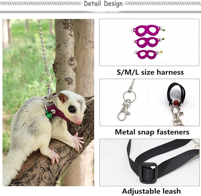 3 Pack Rat Harness and Leash Set - Adjustable Traction Rope Strap Anti-Biting Chain Rope, Small Animal Training Walking Vest Leash for Fancy Rat Mouse Gerbil Hamster Sugar Glider Birds Reptile (Black)