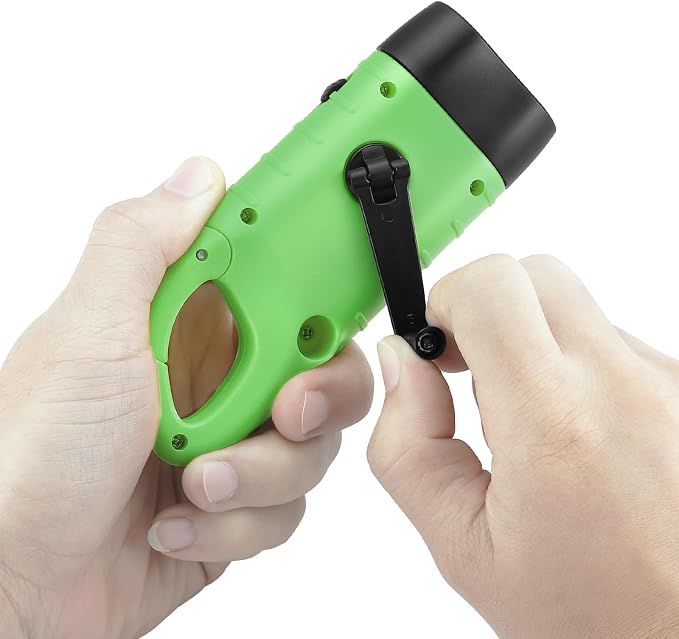 Simpeak 2-Pack Hand Crank Solar Powered LED Flashlight, Emergency Survival Flashlight with Dynamo Carbiner, Light Green