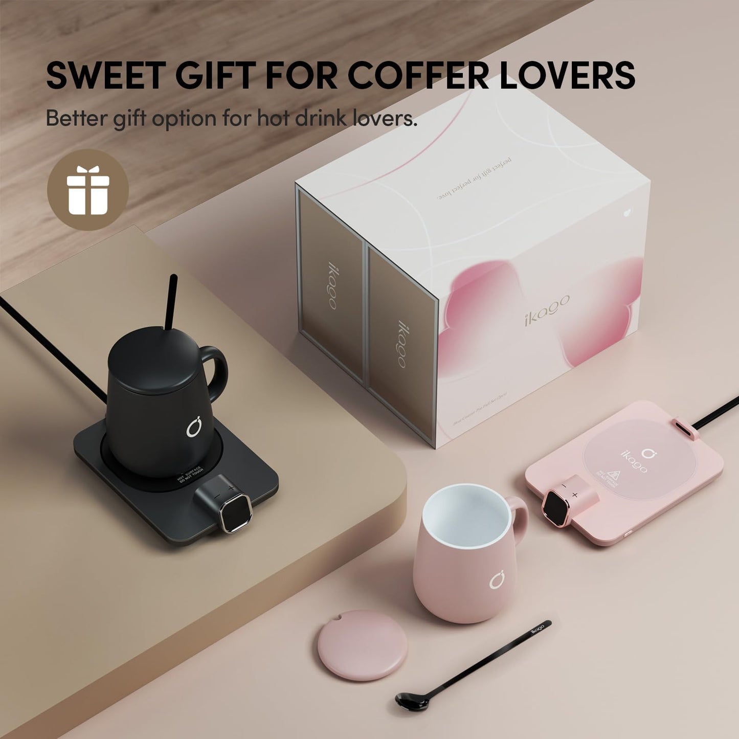 Coffee Mug Warmer Set, Temperature Control Smart Heated Mug for Desk, Electric Coffee Warmer with Auto Shut Off & Real-Time Temp Display, Gifts for Men Women, 15oz, Beige