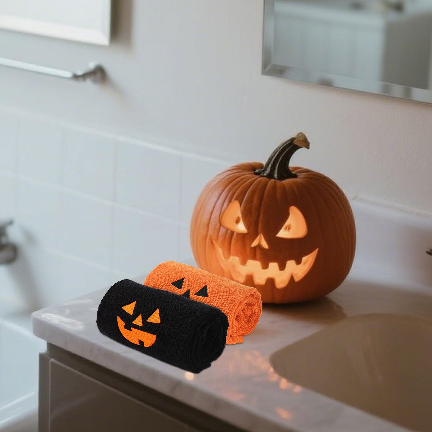 Whaline Halloween Hand Towels Pumpkin Face Embroidered Cotton Bathroom Towel Absorbent Bath Towel for Hand Drying Kitchen Cleaning Cooking, 29.5 x 13.7 Inch, 2Pcs