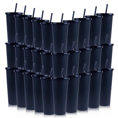 Ahongwenxi 30 Pack Halloween Black Plastic Cups with Lids and Straws, 24 oz Disposable Plastic Tumblers Iced Coffee Cups Travel Mug Cup for Juices Birthday Bachelorette Party Wedding (Black,24 oz)