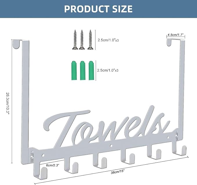 Azmoncy Over The Door Hooks, Towel Rack for Bathroom Towel Holder for Hanging Heavy Duty, Wall Mount Towel Hanger with 6 Hooks for Bedroom Bathroom Kitchen Towels, Bag, Coats, Hats - Silver