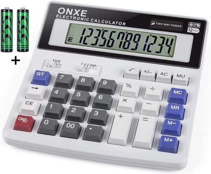 Calculators Desktop,ONXE 12 Digit Large Number LCD Display Office Desk Calculator, Two Way Power Battery and Solar,Big Button Standard Basic 4 Function Basics Calculators for Office Financial