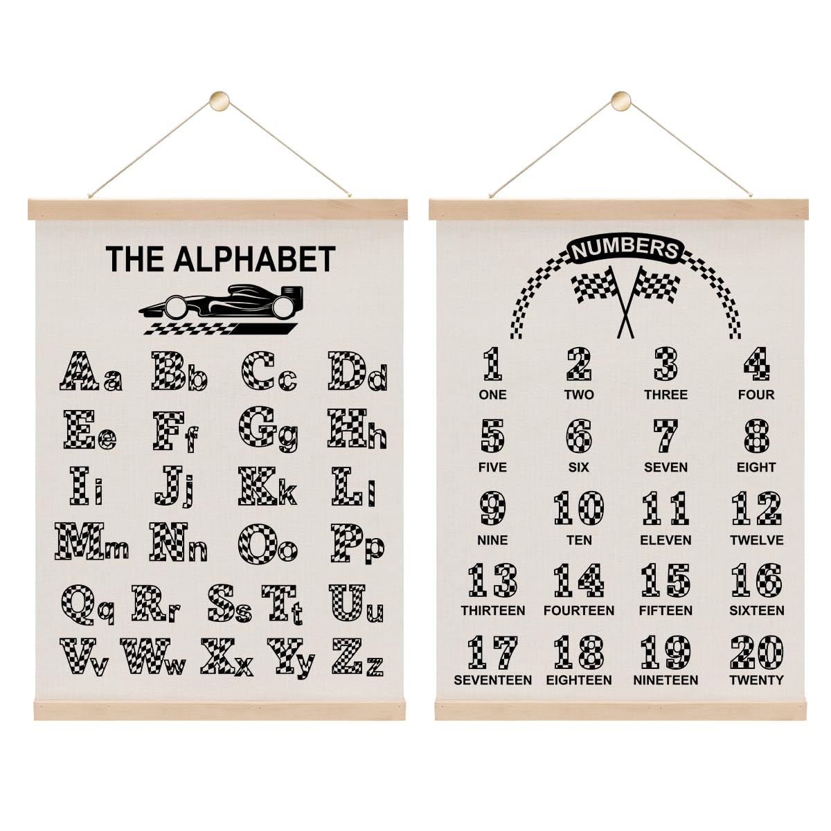 2PCS Car Race Room Alphabet Wall Decor Poster Hanger, F1 Car Enthusiast Room Decor, Boys Educational Posters Wall Art With Wooden Frames for Boys Playroom Nursery Decorations 15.8x11.8 Inch