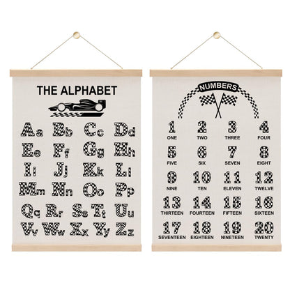 2PCS Car Race Room Alphabet Wall Decor Poster Hanger, F1 Car Enthusiast Room Decor, Boys Educational Posters Wall Art With Wooden Frames for Boys Playroom Nursery Decorations 15.8x11.8 Inch