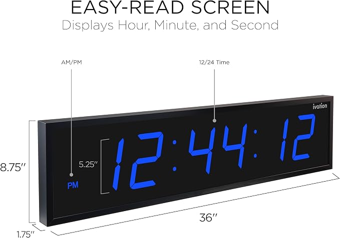 Ivation Oversized Large Digital Wall Clock - Big LED Digital Clock w/Large Display & Durable Aluminum Frame, Shelf or Wall Mount (36 Inch - Blue) 6 Brightness Levels | Time Memory | Remote