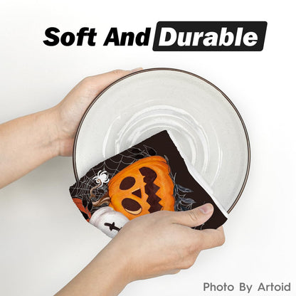 Artoid Mode Black Pumpkin Halloween Kitchen Towels Dish Towels, 18x26 Inch Spider Web Jack-O'-Lantern Decoration Hand Towels Set of 2
