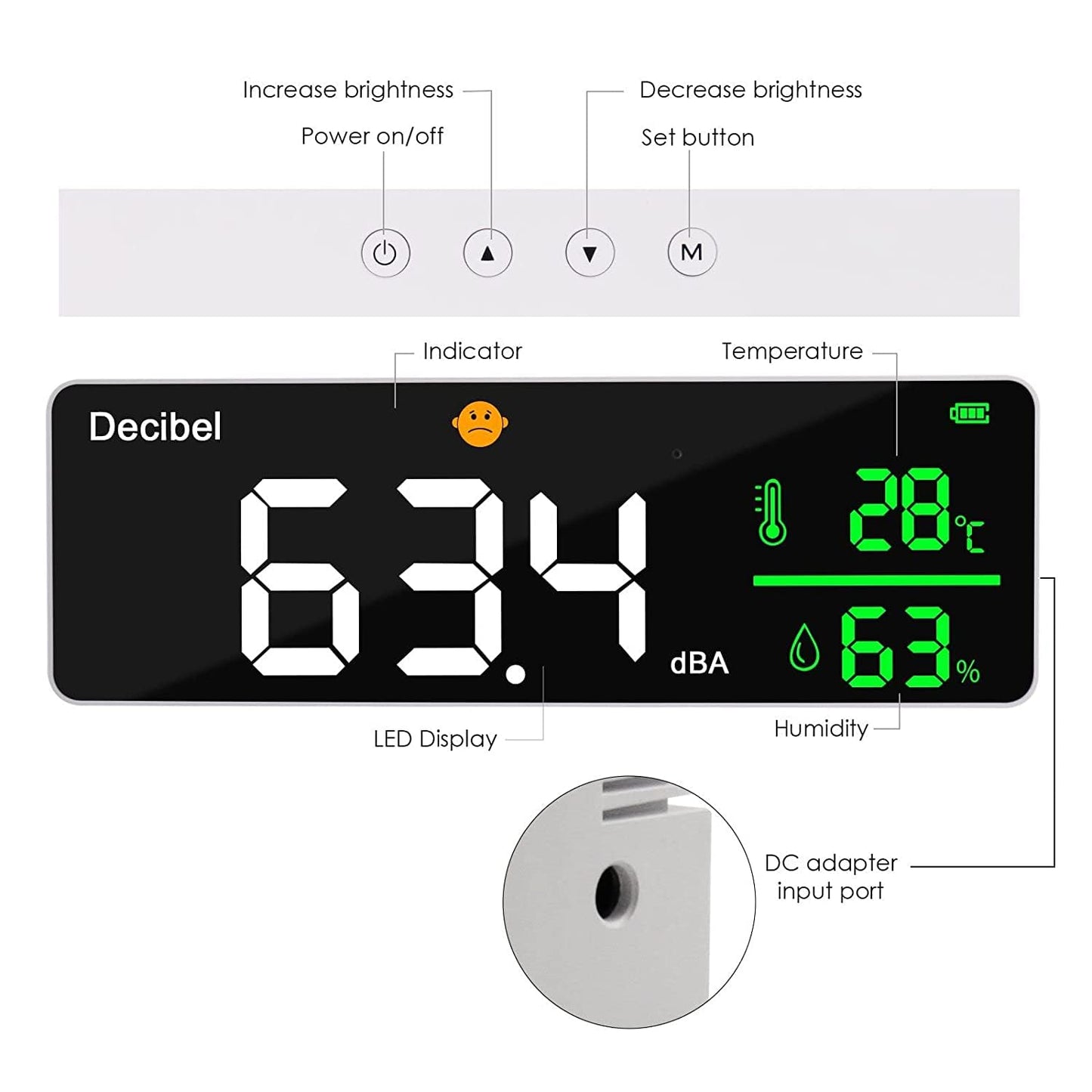 Decibel Meter, Wall Hanging Sound Level Meter, Noise Decibel Meter, 3 in 1 Noise Temperature Humidity Meter, 30 to 130dB Range, with 11in Large LED Display Screen, for Classroom